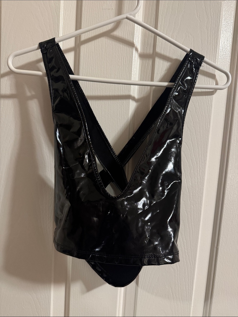 Black Patent V-Neck Crop Tank Top - Women